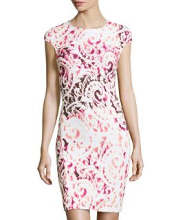 Scroll Print Fitted Ponte Dress, White/Pink