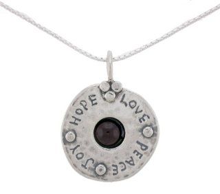 Silver Jewish Jewelry Necklace. Round Hammered Silver Pendant with a Garnet Stone in the Center and "Hope, Love, Peace and Joy" decorative Engraving Around. On a 16" Silver Chain. 925 Sterling Silver. One 6mm Round Cabochon Garnet Stone. Han