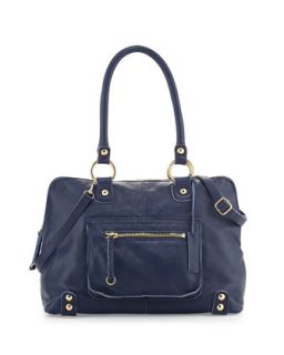 Dylan Front Pocket Leather Duffle Bag, Blue   Linea Pelle