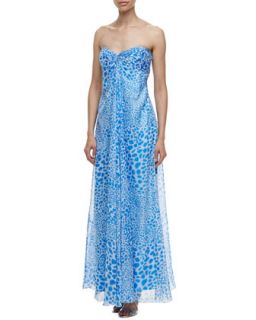Womens Strapless Animal Print Cascade Gown, Blue/White   Laundry by Shelli