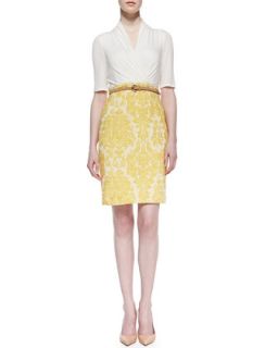 Womens 3/4 Sleeve Jersey & Brocade Combo Dress, White/Yellow   Kay Unger New