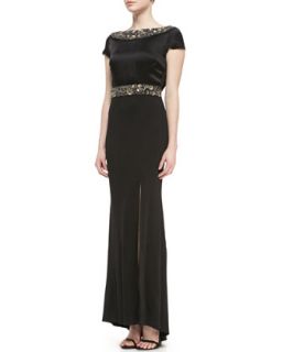 Womens Shimmer Milano Knit Gown with Liquid Crepe Bodice, Front Slit &