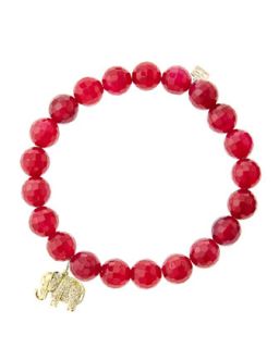8mm Faceted Red Agate Beaded Bracelet with 14k Gold/Diamond Small Elephant