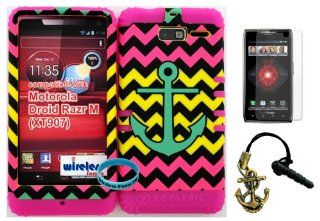 Hybrid Cover Bumper Case for Motorola Droid Razr M (XT907, 4G LTE, Verizon) Teal Anchor on Pink, Yellow, Black Chevron Pattern Snap on + Pink Silicone (Included Wristband, Screen Protector and Owl Dust Plug Charm By Wirelessfones) Cell Phones & Access
