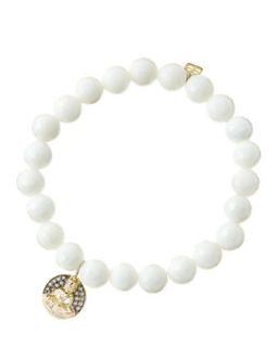 8mm Faceted White Agate Beaded Bracelet with 14k Gold/Diamond Sitting Buddha