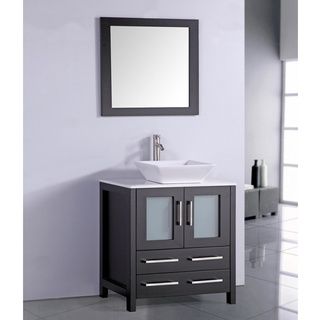 Legion Furniture White Artificial Stone Top 30 inch Vessel Sink Espresso Bathroom Vanity And Matching Framed Mirror Espresso Size Single Vanities