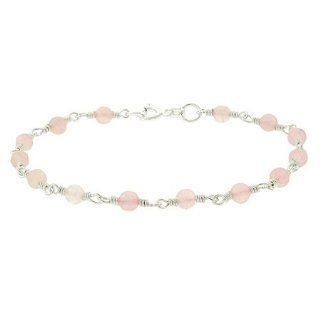 Sterling Silver .925 Genuine Rose Quartz Stone Bead Link Bracelet Jewelry