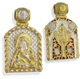 Designer Inspired St. Mary, Catholic, Virgin of Vladimir St Michael Icon Pendant Sterling Silver 925 14kt Gold Gilding 1 1/2"x8/8", Hallmarked 14kt Gold Gilding and 925 Sterling Silver on the Back Side St. Michael Icon Picture Shows Both Sides. S