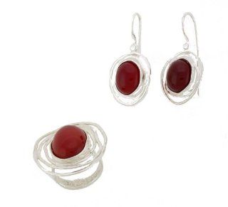 Silver Jewelry, 925 Sterling Silver Matching Earrings + Ring SET. Custom Hand Made and Designed in Israel by Bili Silver. Ring has 13/18mm Oval Cabochon Carnelian Stone in size 7, 8 . Earrings have 2 x 10/12mm Cabochon Carnelian Stone with Safety locking 