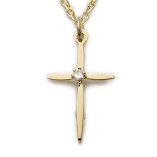 24K Gold Over .925 Sterling Silver Cross Pendant Necklace in a Centered CZ Stone and Pointed Ends Design Christian Jewelry Gift Boxed.w/Chain Necklace 18" Length Gift Boxed. Pendant Necklaces Jewelry