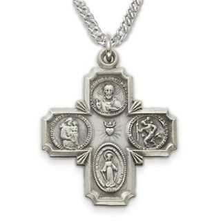 .925 Sterling Silver Engraved Antiqued Four Way Medal Pendant Necklace Catholic Jewelry Four Way Patron Saint Medal Pendant Catholic Gift Boxed w/Chain Necklace 20" Length Gift Boxed Jewelry