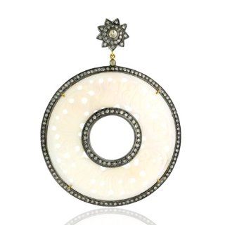 18kt Gold Diamond Pave Mother of Pearl Carved Round Pendant Silver Gift Jewelry Pendant Enhancers Jewelry