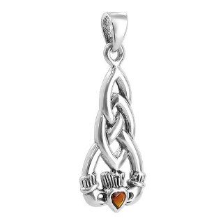 .925 Sterling Silver Heart Shape Garnet Cubic Zirconia Celtic Knot Claddagh 12mm x 26mm Pendant Jewelry