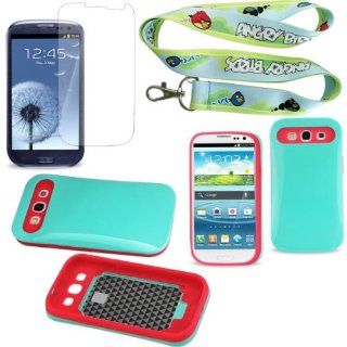 SAMSUNG GALAXY S3 i9300 GREEN & ORANGE PC PROTECTOR COVER WITH UV + ANGRY BIRDS LANYARD + SCREEN PROTECTOR Cell Phones & Accessories