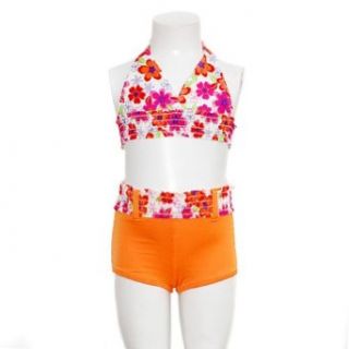 Toddler Girls Size 4T Orange Multi Floral 2 Piece Smocked Swimsuit No Clothing