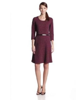 NY Collection Women's Knit 3/4 Sleeve Fit N' Flare Dress with Belted Waist, Pink Atoms, Medium