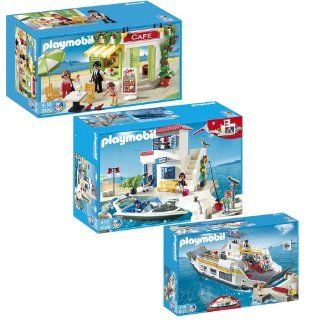 Playmobil Harbour Police with Speedboat, Car Ferry and Pier, and Harbor Cafe Toys & Games