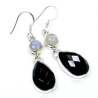 'Evening Elegance' Sterling Silver Black Onyx, Moonstone Dangle Earrings Jewelry