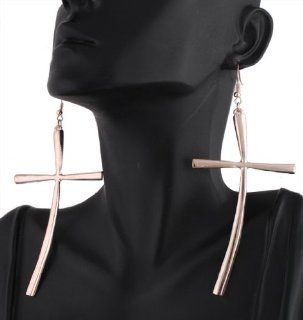2 Pairs of Rose Gold Elongated Curved Cross Style 4.25 Inch Dangle Earrings Jewelry