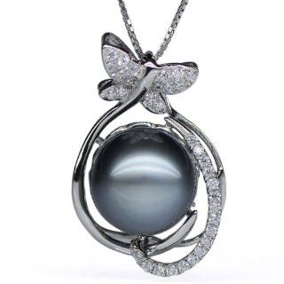Topearl Sterling Silver Chain 12 13mm AAA Black Tahitian Pearl Butterfly Pendant Necklace Jewelry