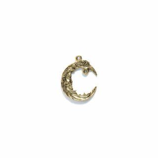 Shipwreck Beads Pewter Crescent Moon Woman Face Pendent with Hoop, Metallic, Antique Gold, 28mm, 3 Piece