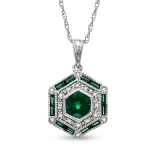 Lab Created Emerald and Diamond Accent Octagonal Pendant in Sterling