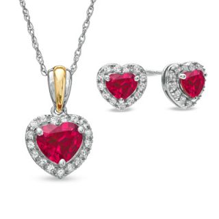 Heart Shaped Lab Created Ruby and White Sapphire Pendant and Earrings