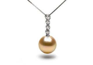 AAA Quality, 10.0 11.0 mm, Orion Collection Golden South Sea Pearl & Diamond Pendant, 18 inch, 18k White Gold Chain Pendant Necklaces Jewelry