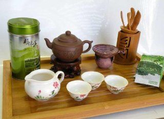Luxury Professional OoLong Tea Drinking Set  Comes With Random Beautiful Bamboo Tea Plate, YiXing ZiSha Collection Tea Pot (Mady By Famous Artist w/Hand Writing Certificate), ZiSha Tea Drinking Filter Set, ZiSha Tea Water Holder Pot, Bamboo Tool Set, 3pcs/