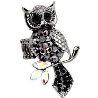 Big Owl Stretch Ring Black Crystal AB Leaves Branch Gunmetal 2.25 in Tall Fashion Jewelry Jewelry