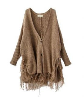 ELLAZHU Women Button Knit Fringed Tassels Batwing Cardigan Sweater Oversized Cape Onesize NL06 (Brown)