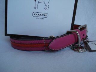 COACH Striped Multicolor Leather Collar with Engraveable Charm 60407 Limited Edition   Coral/Magenta, Medium (13.5" 16.5")  Pet Fashion Collars 