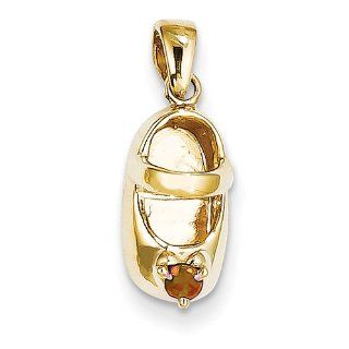 14k Yellow Gold 3 D June/Smokey Quartz Engraveable Baby Shoe Charm Pendant Jewelry