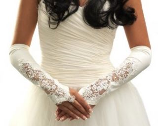 USABride Sheer Lace Floral Beaded Above Elbow Ivory Matte Satin Fingerless Bridal Gloves 915M IV