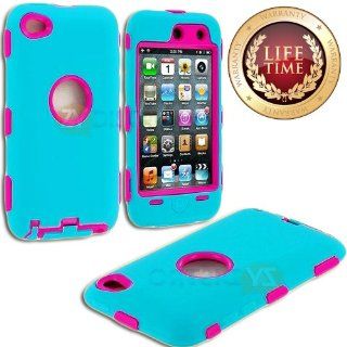 myLife (TM) Sky Blue + Hot Pink Armored Survivor (Built In Screen Protector) Shockproof Case for iPod 4/4S (4G) 4th Generation iTouch (Full Body Armor Outfit + Soft Silicone External Shock Proof Gel + 2 Piece Internal Snap On Shield + Lifetime Warranty + S