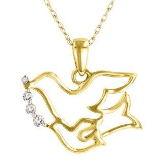 10k Yellow Gold Diamond Accent Dove Pendant (.05 cttw, I J Color, I2 I3 Clarity), 18" Jewelry