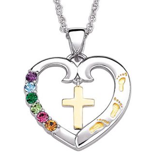 Mothers Birthstone Heart Cross Pendant in Sterling Silver and 14K