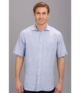 Thomas Dean & Co. Light Blue Linen Solid S/S Button Down Shirt w/ Chest Pocket Mens Short Sleeve Button Up (Blue)