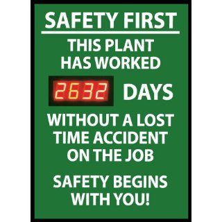 Digital Scoreboard, Safety First This Plant Has Worked Xxx Days Without A Lost Time Accident On The Job Safety Begins With You, 28X20, .085 Styrene Industrial Warning Signs