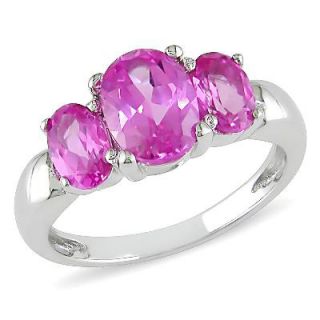 Oval Lab Created Pink Sapphire Three Stone Ring in Sterling Silver