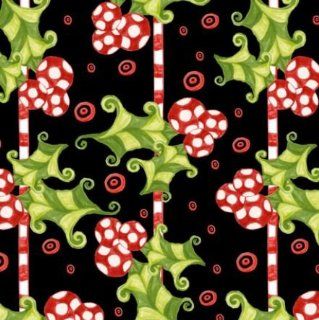 In the Beginning 'Jolly Holiday' Christmas Holly and Berries on Black Cotton Fabric   31in