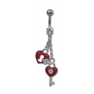 Stainless Steel Dangling Heart Shaped Lock and Key Belly Ring Accented with Clear CZ Stones. It comes in 3 Colors to Choose (Red) Jewelry