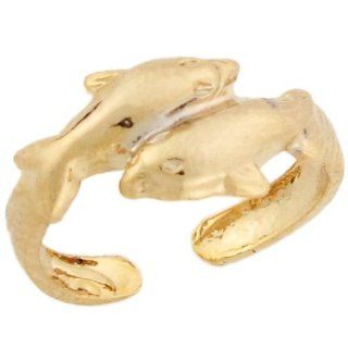 14k Real Gold Two Dolphins Sea Life Cute Designer Womens Toe Ring Jewelry