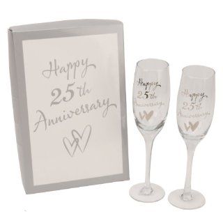 Pair of Champagne Flute Glasses 25th Anniversary Design   Wine Glasses
