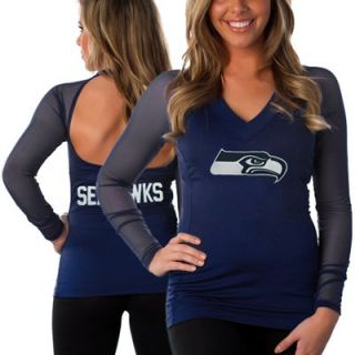 All Sport Couture Seattle Seahawks Ladies Fashion Long Sleeve V Neck Halter Top   Navy Blue