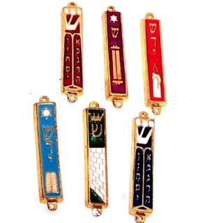 A Set of 6 Gold plated Mezuzahs with different enameled themes. Each is about 3 Inches. SQ TC of HolyLandMarket Jewelry
