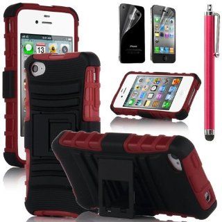 Hard Plastic Snap on Cover Fits Apple iPhone 4 4S Red/Black Advanced Armor Stand (Outside Hard Plastic Red Cover, Inside Black Soft Silicone Skin) +Red Pen/Stylus+Front and Back LCD Screen Protective Films+Cleaning Cloth+Application Card AT&T, Verizon 
