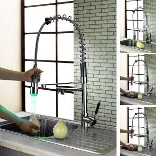 LightInTheBox Single Handle Pull Down Spring Kitchen Faucet with Two Swivel Spouts and LED Light, Chrome   Touch On Kitchen Sink Faucets  