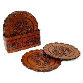 New Round Coasters Set of Eight Hand Tooled Leather with Tray  Western Table Coasters  
