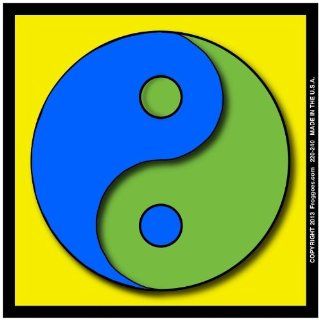 YING YANG   BLUE/GREEN WITH YELLOW BACKGROUND   STICK ON CAR DECAL SIZE 3 1/2" x 3 1/2"   VINYL DECAL WINDOW STICKER   NOTEBOOK, LAPTOP, WALL, WINDOWS, ETC. COOL BUMPERSTICKER   Automotive Decals